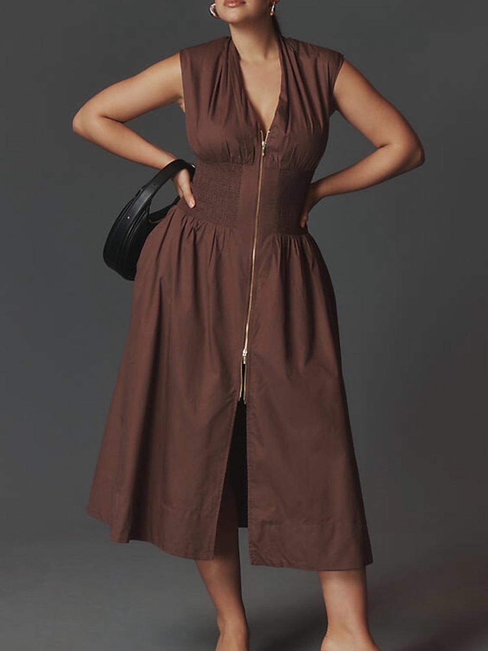 Anthropologie Tommie Zip-Front Midi Dress Maeve Brown Small